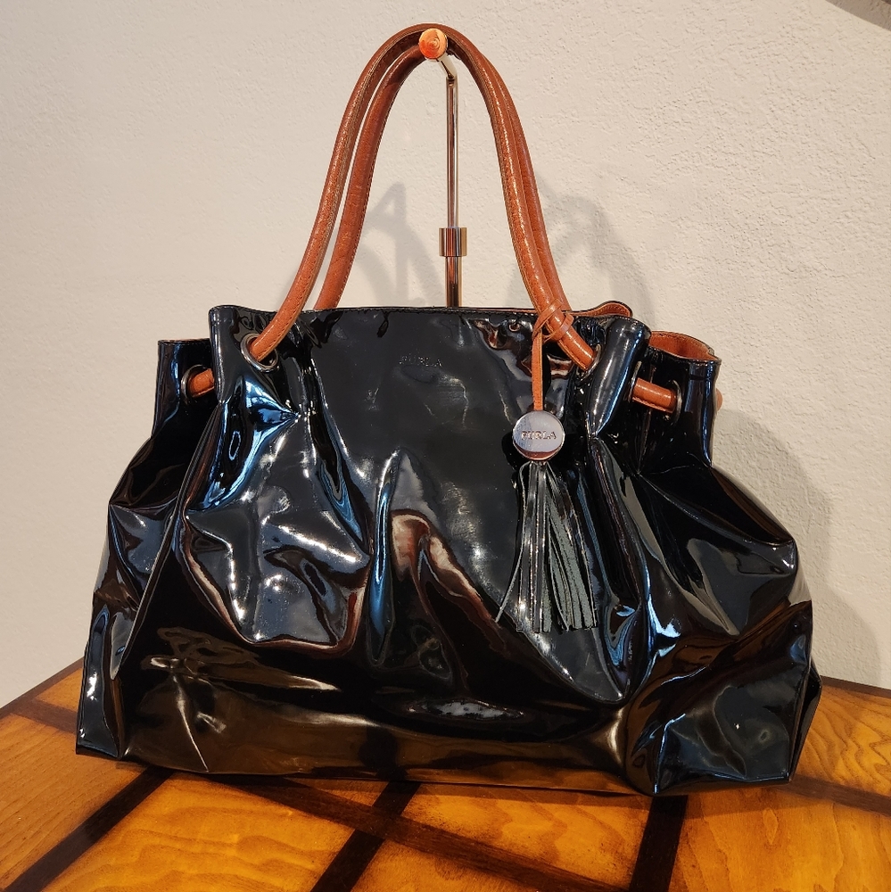 Furla Large Black Patent Leather Shoulder Bag with brown leather trim